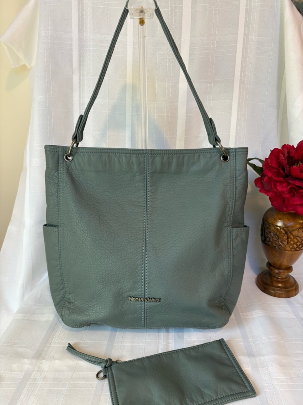 Montana West Teal Green Leather Shoulder Tote with Pouch